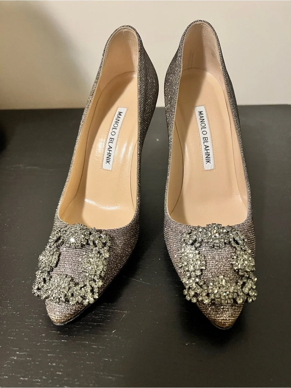 Manolo Blahnik Metallic Silver Crystal-Embellished Pointed Pumps - Picture 1 of 3
